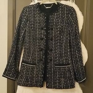 26" length navy tweed jacket.